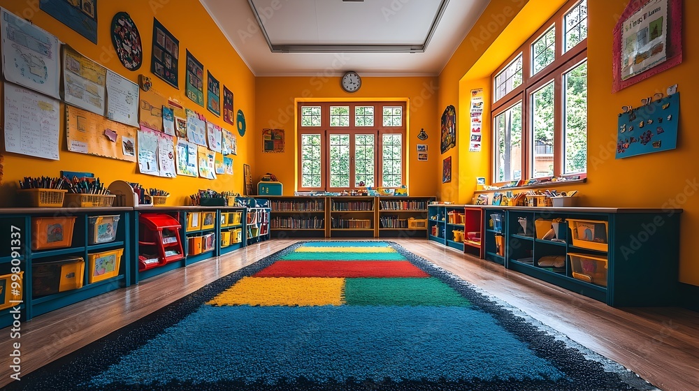 Vibrant Elementary Classroom Filled with Educational Posters and Student Artwork