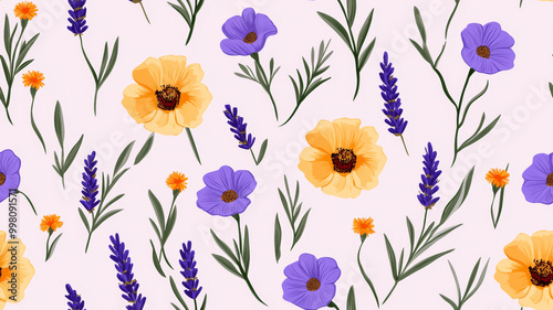 Seamless floral pattern with lavender sprigs marigold blossoms and buttercups on a soft pastel background 