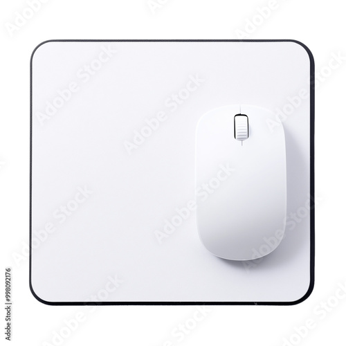 A white mouse pad with an illustration of a wireless computer mouse on it, in a simple style illustration isolated on transparent background