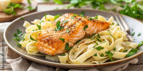 Salmon Fillet on a Bed of Garlic-Butter Pasta with Parsley