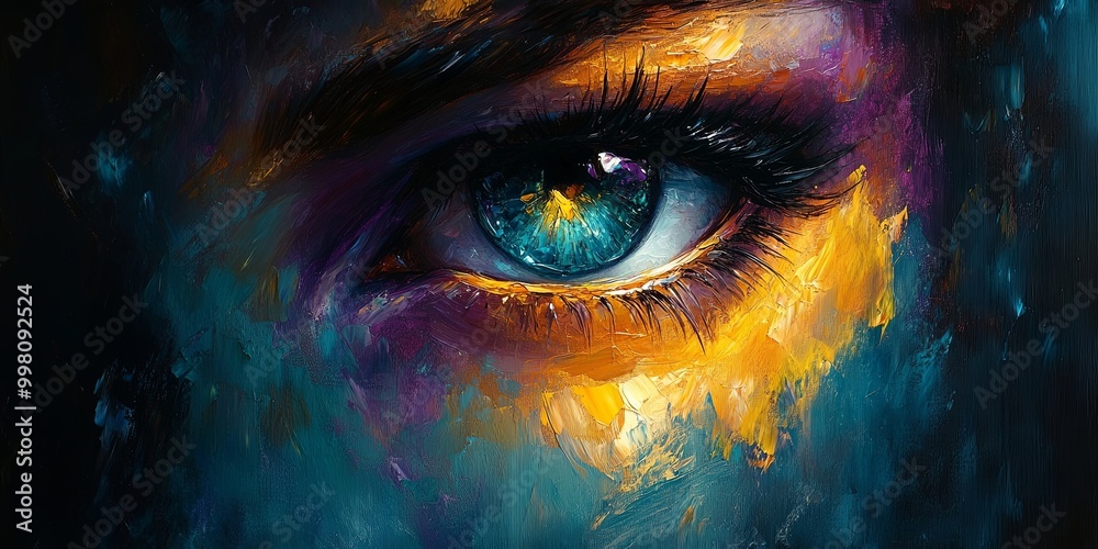 A Single Eye Captured in a Vibrant Oil Painting with Swirls of Blue, Purple, and Gold A Single Eye Captured in a Vibrant Oil Painting with Swirls of Blue, Purple, and Gold