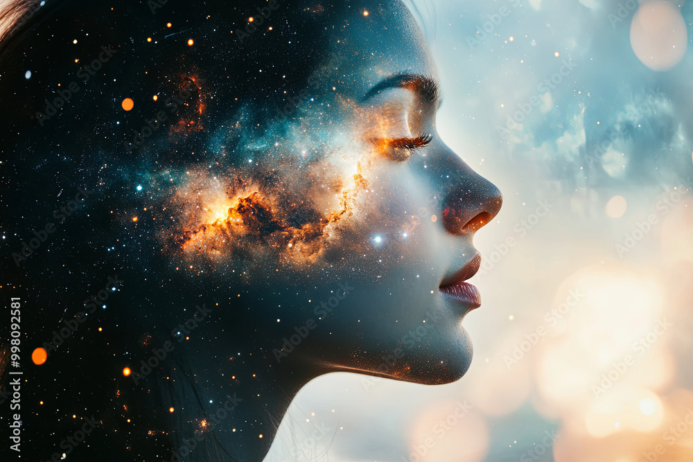 Double multiply exposure abstract portrait of a dreamer cute young woman face with galaxy universe space inside head. Spirit cosmos astronomy life zen concept Double multiply exposure abstract portrait of a dreamer cute young woman face with galaxy universe space inside head. Spirit cosmos astronomy life zen concept