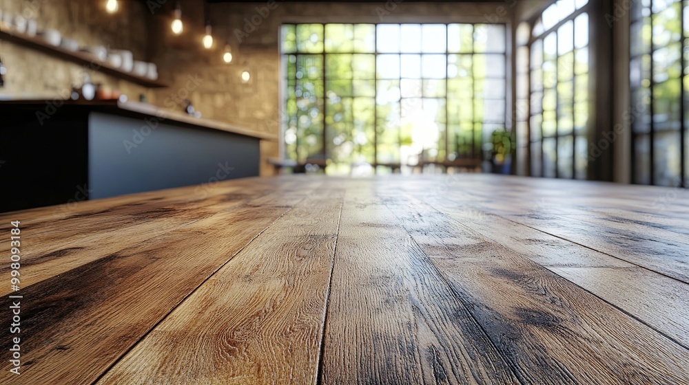 Close-up view of a rustic wooden table surface with blurred background of a modern interior with large windows Close-up view of a rustic wooden table surface with blurred background of a modern interior with large windows