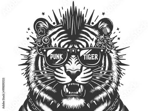 punk tiger with a mohawk, in sunglasses and a spiked collar, blending fierce and rebellious vibes sketch engraving generative ai vector illustration. Scratch board imitation. Black and white image.