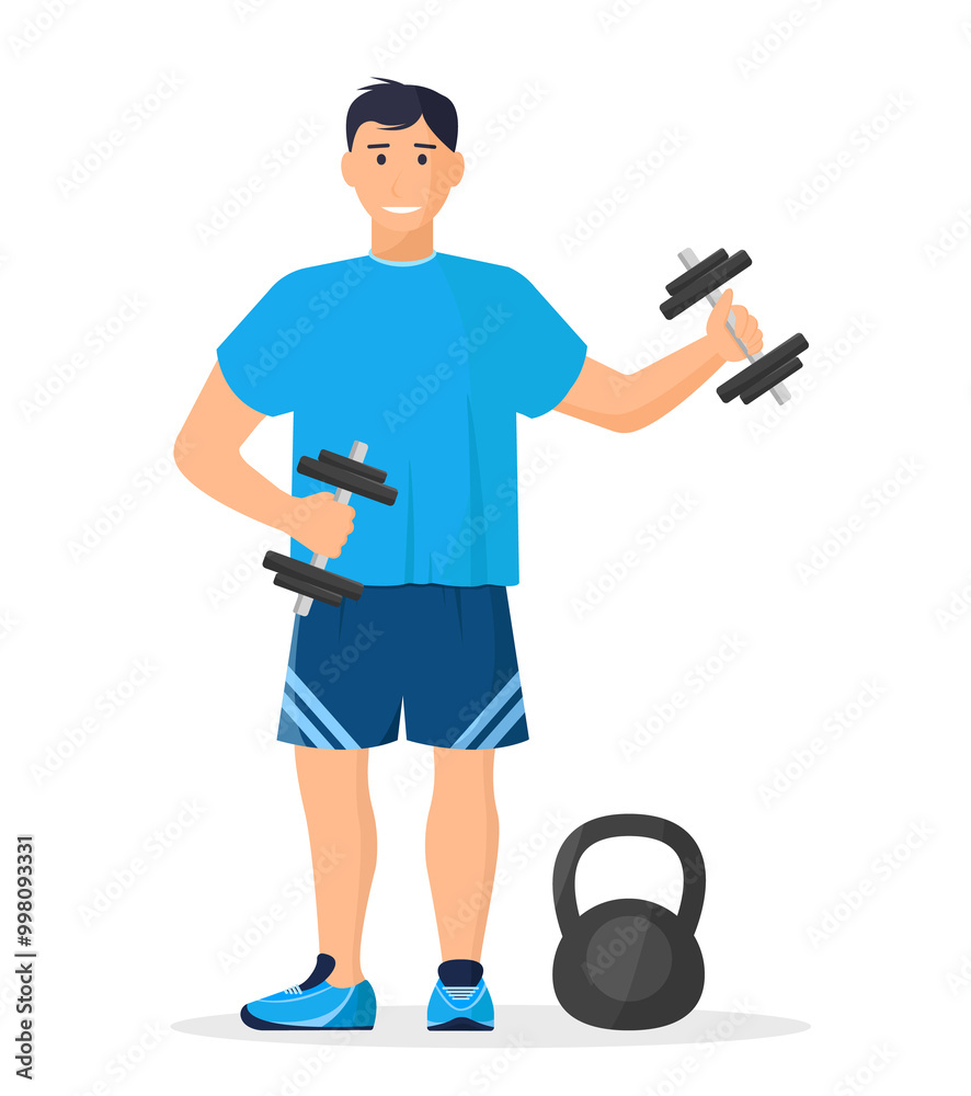 Man in sportswear with dumbbells. Healthy lifestyle and sport concept. Vector illustration. Man in sportswear with dumbbells. Healthy lifestyle and sport concept. Vector illustration.