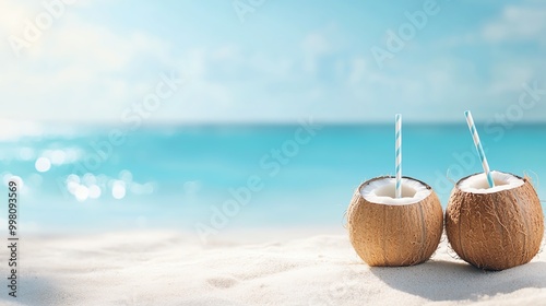 Coconuts with straws on sandy beach.