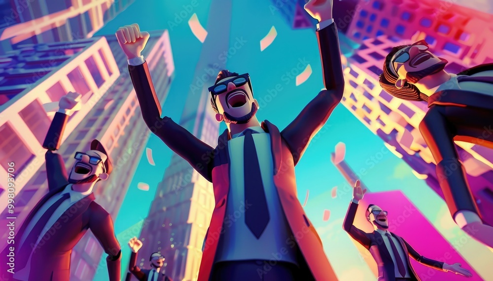 Businessmen Celebrating Success in Neon City Businessmen Celebrating Success in Neon City