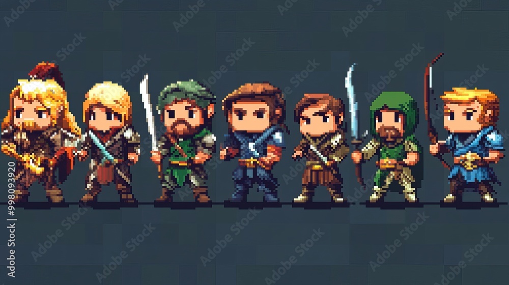 Fotografie Various pixel art fantasy characters with different weapons and abilities