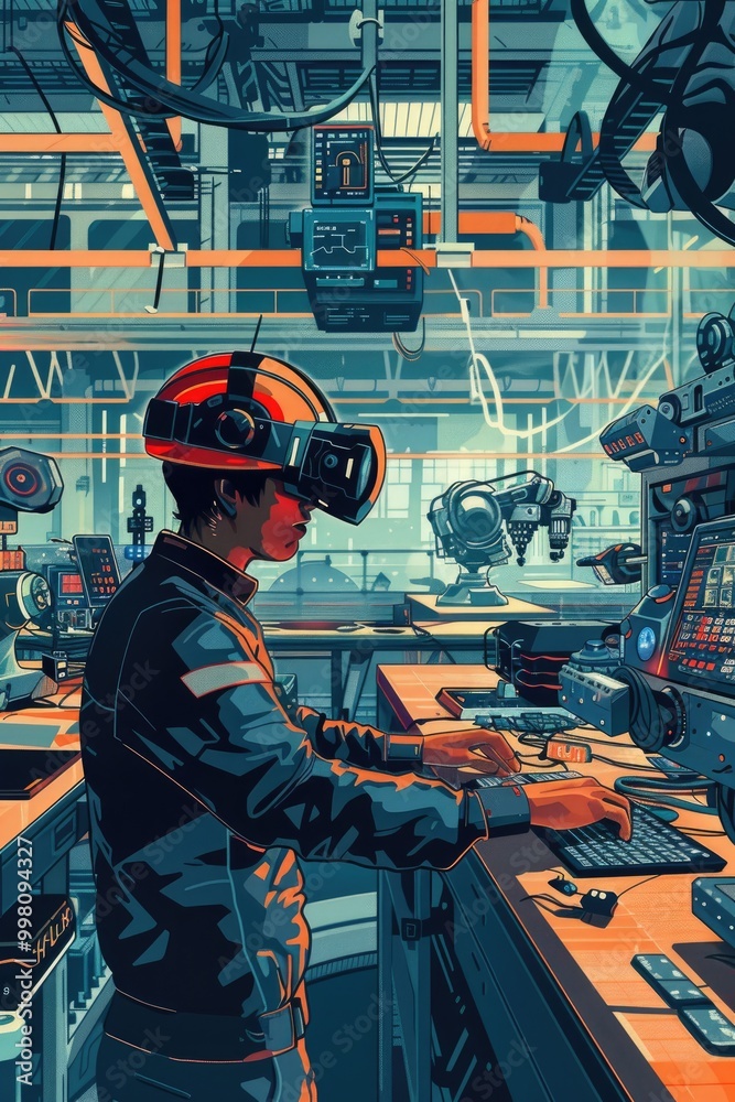 Futuristic VR Technician Working in Factory Futuristic VR Technician Working in Factory
