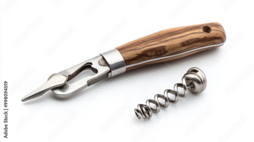 A bottle opener with a corkscrew beside it, isolated on a white background A bottle opener with a corkscrew beside it, isolated on a white background