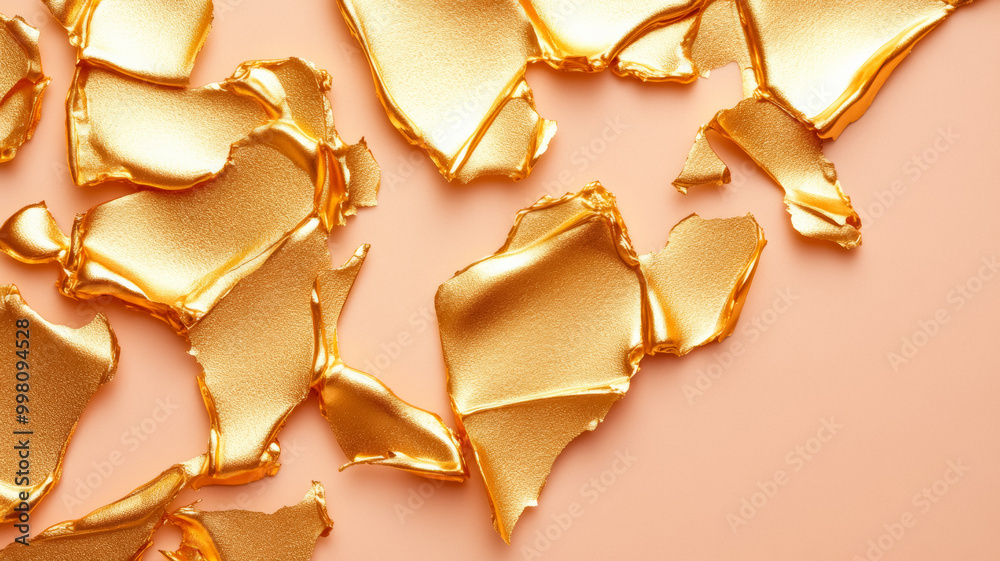 Sparkling gold leaf fragments on a soft peach cream surface a luxurious and delicate closeup of cosmetic textures Sparkling gold leaf fragments on a soft peach cream surface a luxurious and delicate closeup of cosmetic textures