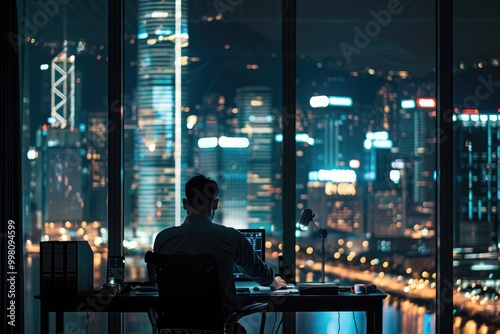 Man Working at Night with City View