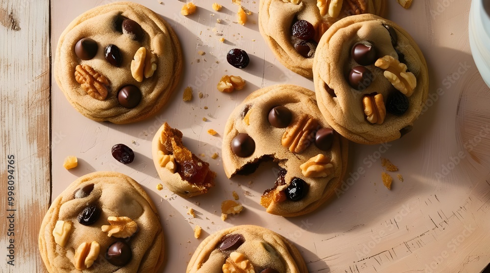 Freshly baked homemade cookies with chocolate, nuts, and raisins on a rustic wooden surface, perfect for breakfast.
