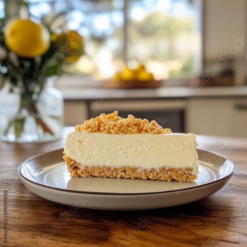 Rice Krispie Cheesecake slice: A thick, creamy cheesecake filling with a crisp golden Rice Krispie base photo