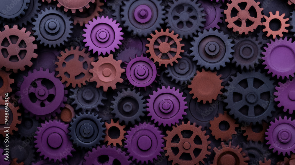 Steampunk gears turning against a gradient from rust to twilight purple suggesting the passage of time Steampunk gears turning against a gradient from rust to twilight purple suggesting the passage of time