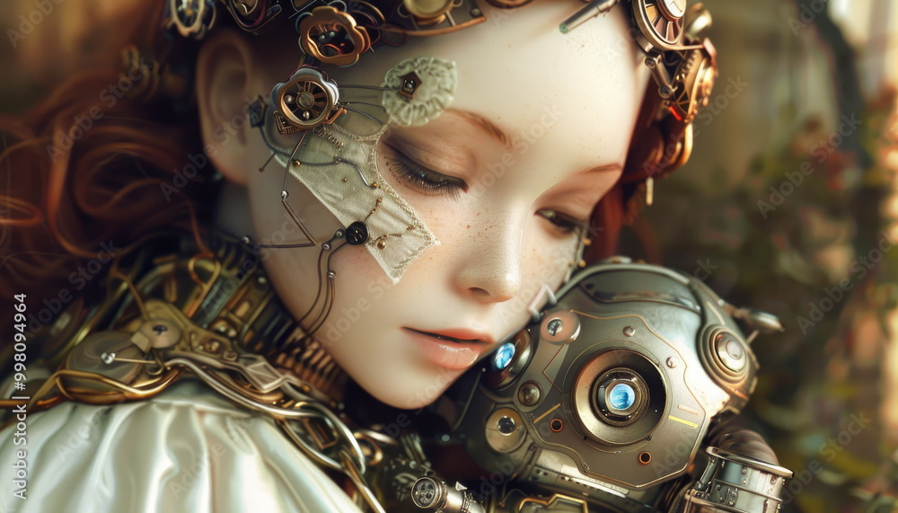 Steampunk Cyborg Woman with Machine Companion Steampunk Cyborg Woman with Machine Companion