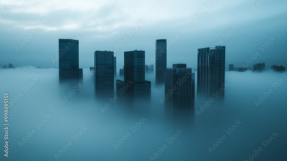 Fototapeta premium Super fog engulfing a cityscape dense mist reducing visibility with faint outlines of buildings and lights 