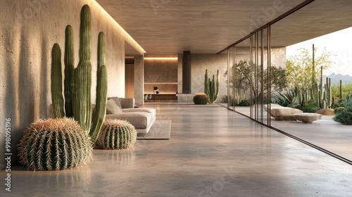 A minimalist desert home interior with smooth concrete floors, large cacti, and simple, elegant furniture