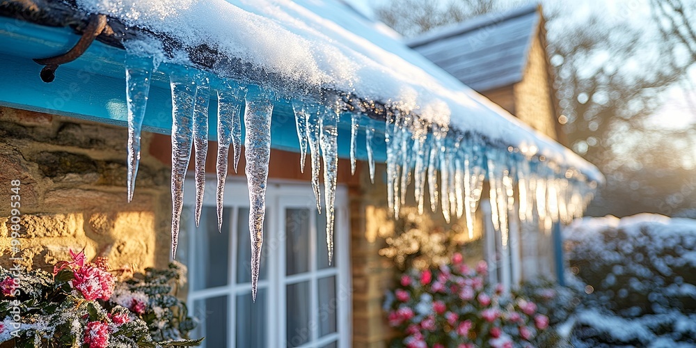 Φωτογραφία Winter's Embrace A Delicate Icicle Formation Adorns a Blue Roof, Glistening in t