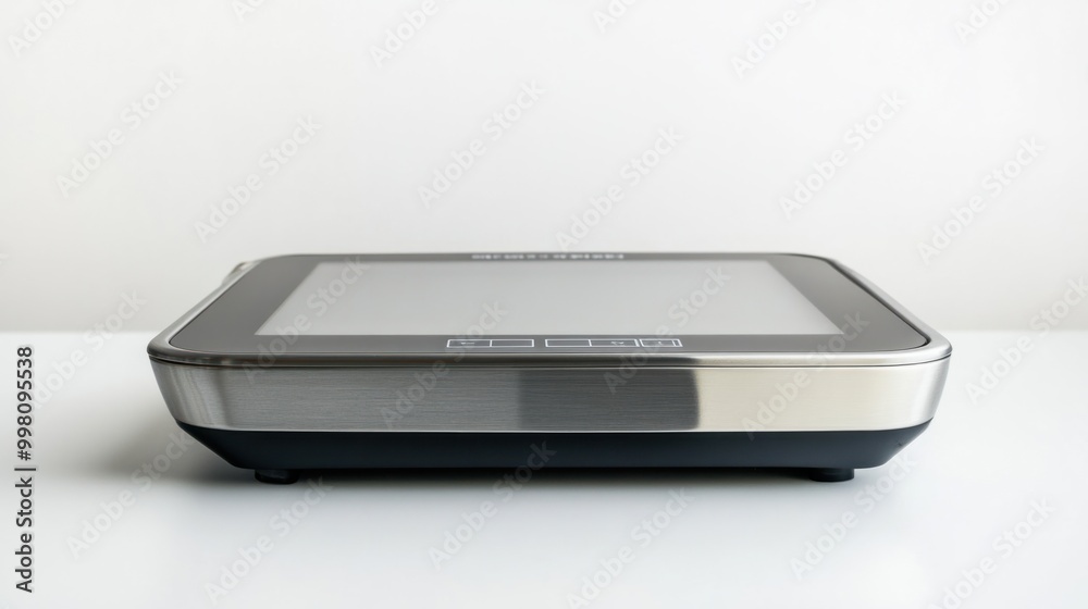 A digital kitchen scale with a stainless steel surface, isolated on a white background A digital kitchen scale with a stainless steel surface, isolated on a white background