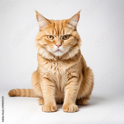  Golden cat scowling with anger, white background.