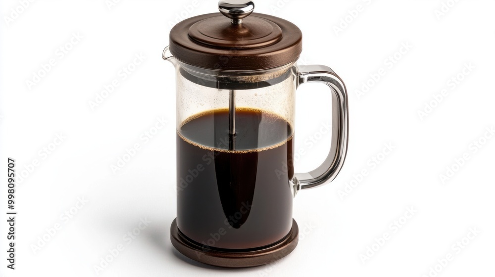A French press coffee maker filled with dark coffee, isolated on a white background A French press coffee maker filled with dark coffee, isolated on a white background