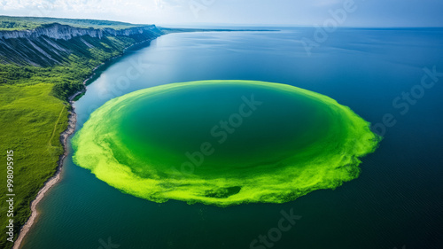 Toxic green algae bloom covering a massive lake seen from orbit vibrant green spreading across dark blue water  photo