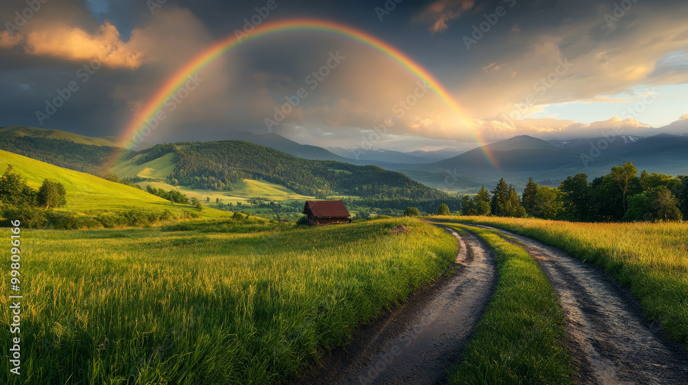 An enchanting summer mountain scene featuring lush green meadows bathed in the warm glow of evening sunlight. A picturesque rural road winds through the landscape, beneath a stunning rainbow arching An enchanting summer mountain scene featuring lush green meadows bathed in the warm glow of evening sunlight. A picturesque rural road winds through the landscape, beneath a stunning rainbow arching