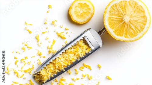 A lemon zester with fine grated lemon peel, isolated on a white background photo