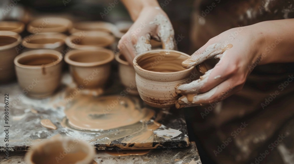 An artisan shapes clay pots on a messy pottery wheel, surrounded by finished and unfinished pieces. The busy studio exudes a creative atmosphere. An artisan shapes clay pots on a messy pottery wheel, surrounded by finished and unfinished pieces. The busy studio exudes a creative atmosphere.