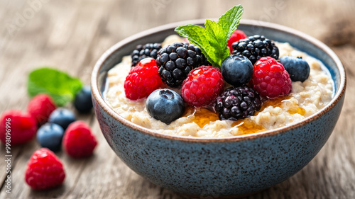 Warm oatmeal in a ceramic bowl topped with fresh berries honey drizzle and mint leaves on a rustic wooden table 