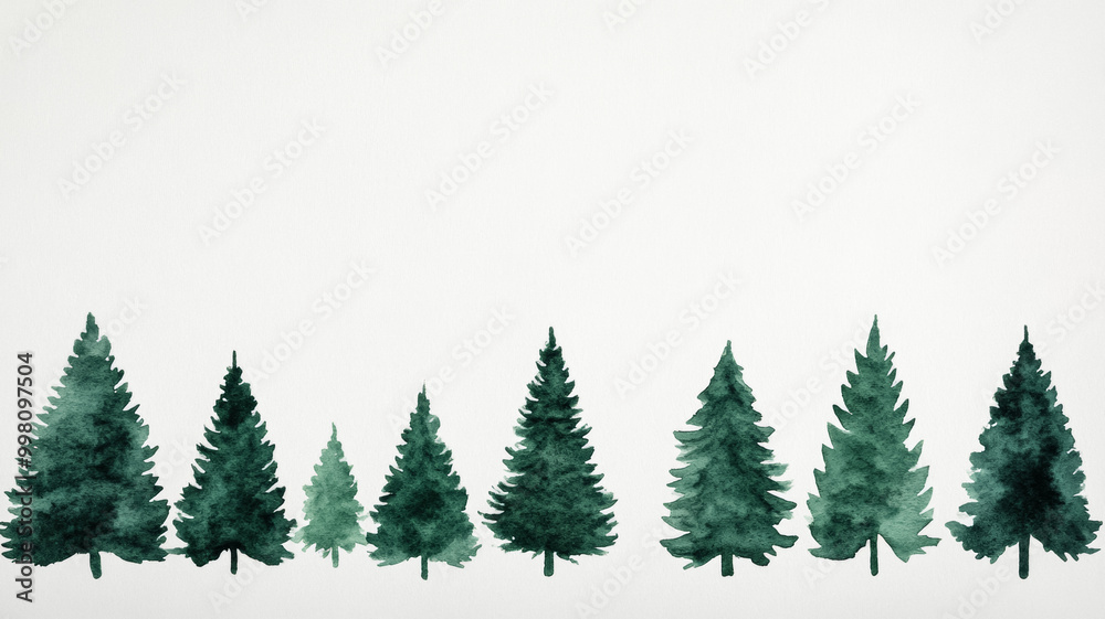 Watercolor scene of multiple Christmas trees in various green shades gently fading into a misty winter landscape Watercolor scene of multiple Christmas trees in various green shades gently fading into a misty winter landscape