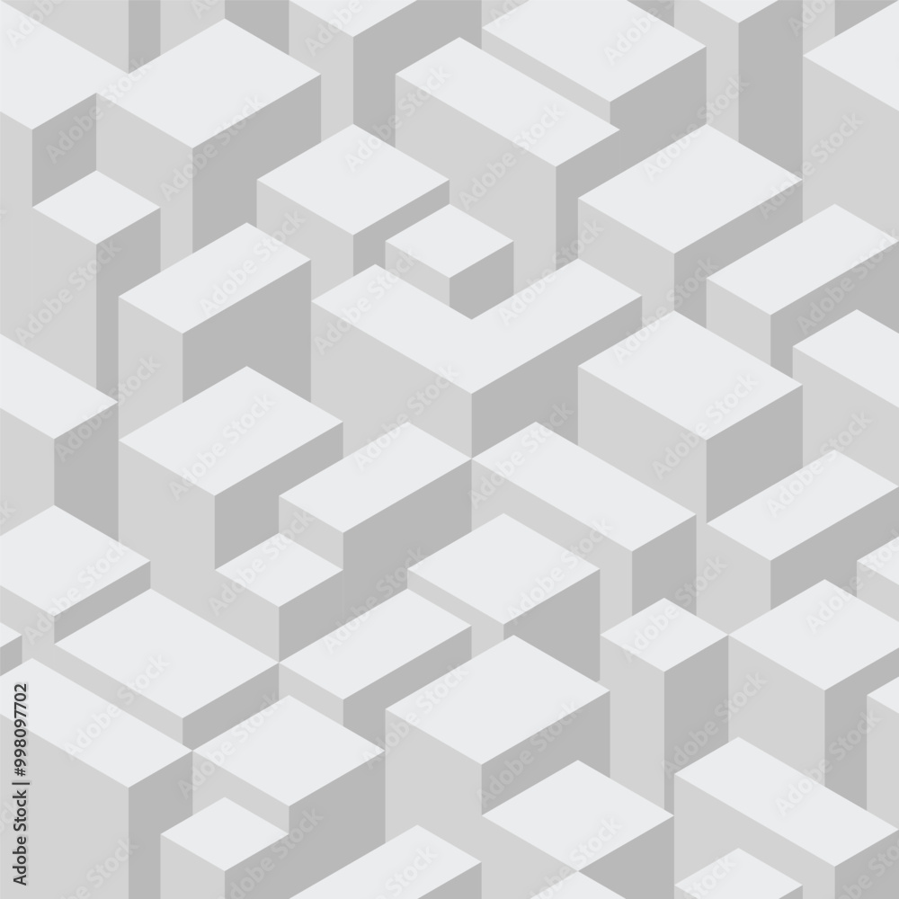 Seamless isometric vector pattern background. Greyscale. Light neutral grey colours. Endless various sized isometric rectangles, cubes, prisms. Buildings Seamless isometric vector pattern background. Greyscale. Light neutral grey colours. Endless various sized isometric rectangles, cubes, prisms. Buildings