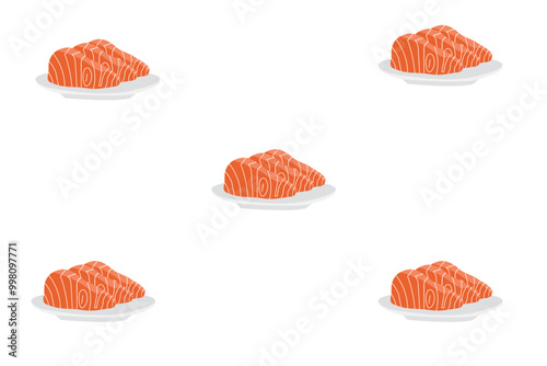 Slices of Salmon fish with plate isolated on white background. Pattern design in cartoon flat style. Seafood icon. Japanese delicacy Fresh raw fish Sashimi