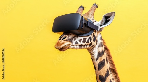 A giraffe with a VR headset on its head looks to the left against a yellow background. photo