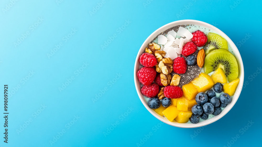 Wide shot of healthy smoothie bowl with colorful tropical fruits chia seeds nuts and coconut flakes on a vibrant blue background 