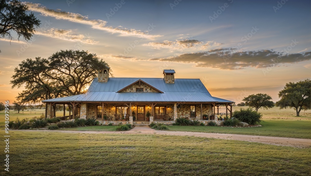 A beautiful stone ranch house with a wide front porch, wooden beams, and a metal roof sits under a colorful sky at sunset. Large oak trees stand tall in the background, adding to the peaceful ambiance A beautiful stone ranch house with a wide front porch, wooden beams, and a metal roof sits under a colorful sky at sunset. Large oak trees stand tall in the background, adding to the peaceful ambiance