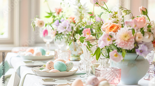 Easter tablescape decoration, floral holiday table decor for family celebration, spring flowers, Easter eggs, Easter bunny and vintage dinnerware, English country and home styling