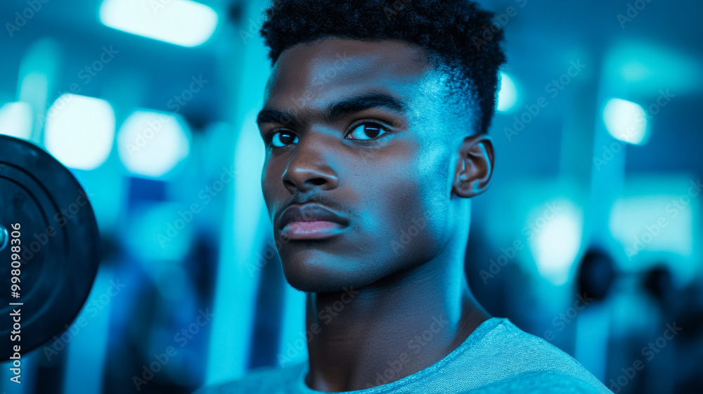 Young man at a gym lifting weights with focus and determination dynamic motion vibrant colors Young man at a gym lifting weights with focus and determination dynamic motion vibrant colors