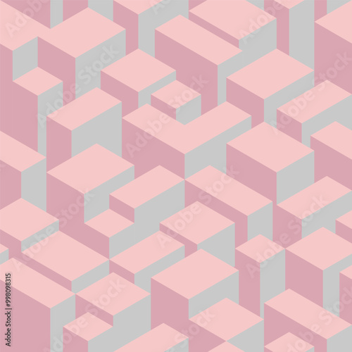Seamless isometric vector pattern background. Powder pink tints and grey. Light neutral grey colours. Endless various sized isometric rectangles, cubes, prisms. Buildings