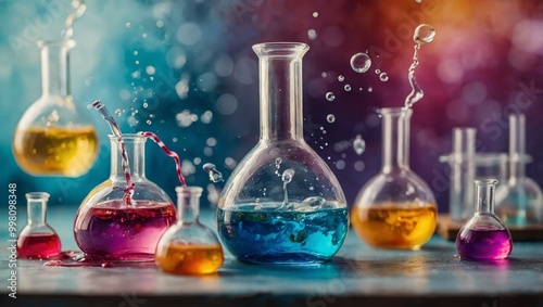 Whimsical watercolor science theme with floating flasks and splashing liquids, saturated colors