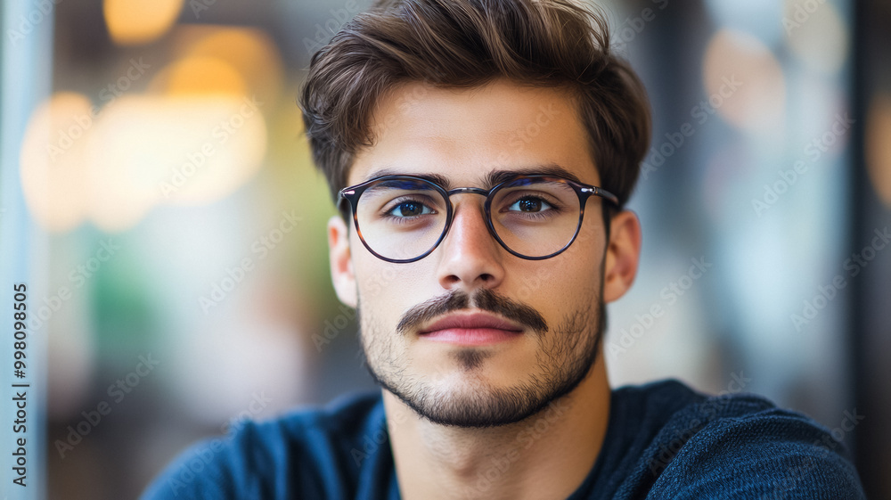 Young man with a pencil mustache and trendy glasses sketching in a notebook at a coffee shop artistic vibe Young man with a pencil mustache and trendy glasses sketching in a notebook at a coffee shop artistic vibe