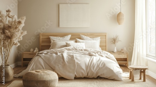 A cozy Nordic-style bedroom  featuring warm textiles  neutral colors  and wooden accents  creating a comfortable and inviting space