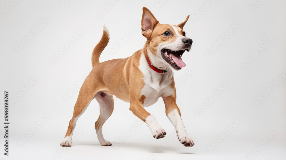 Dog showing excitement and happiness, side view, isolated on white. Dog showing excitement and happiness, side view, isolated on white.