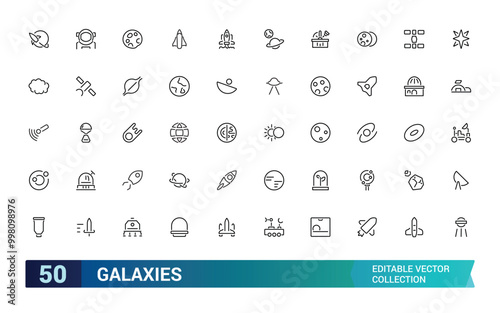 Set of galaxies related line icons. Planet earth, alien and more. Editable stroke. Pixel perfect. Outline icons collection. Editable stroke icons set.