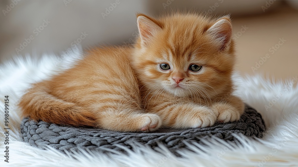 Obraz premium A fluffy orange kitten with big green eyes rests on a cozy knitted cushion, a picture of feline serenity.