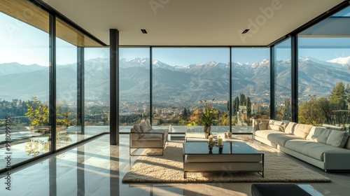 A modernist sunroom with floor-to-ceiling glass panels  minimalist furniture  and a panoramic view of the mountains