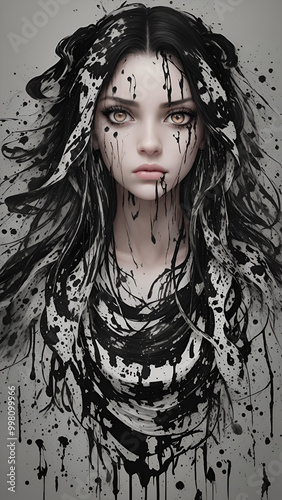 Black and white artistic portrait of a young woman. The image has a mixed media style, combining photography with abstract paint splatters and drips on a glass surface in front of her face. 