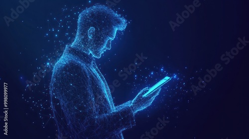 Abstract digital businessman with tablet uses chatbot app. Concept of Artificial Intelligence and technology innovation in the modern business world. Futuristic low poly wireframe