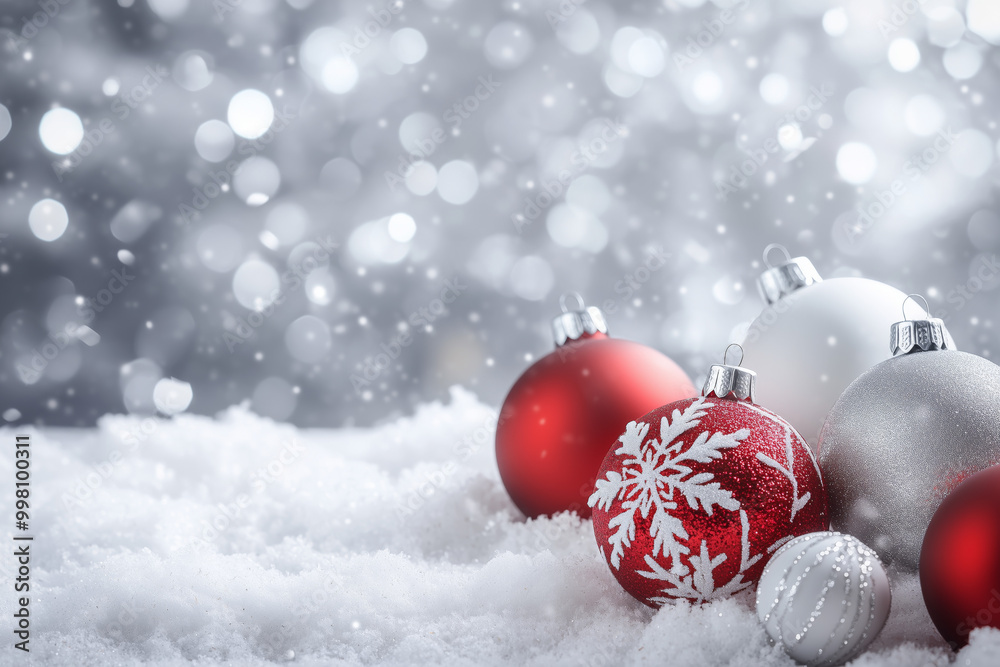 Red, white, and silver Christmas ornaments rest in fresh snow with a sparkling bokeh background, evoking a festive winter atmosphere.
Red, white, and silver Christmas ornaments rest in fresh snow with a sparkling bokeh background, evoking a festive winter atmosphere.